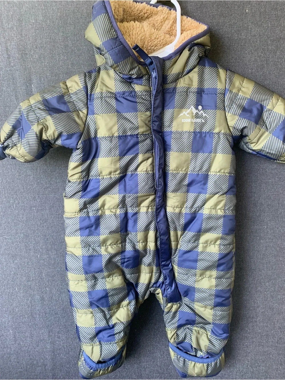 Eddie Bauer Navy Olive Plaid Sherpa Lined Infant Bunting Snowsuit Winter Coat
